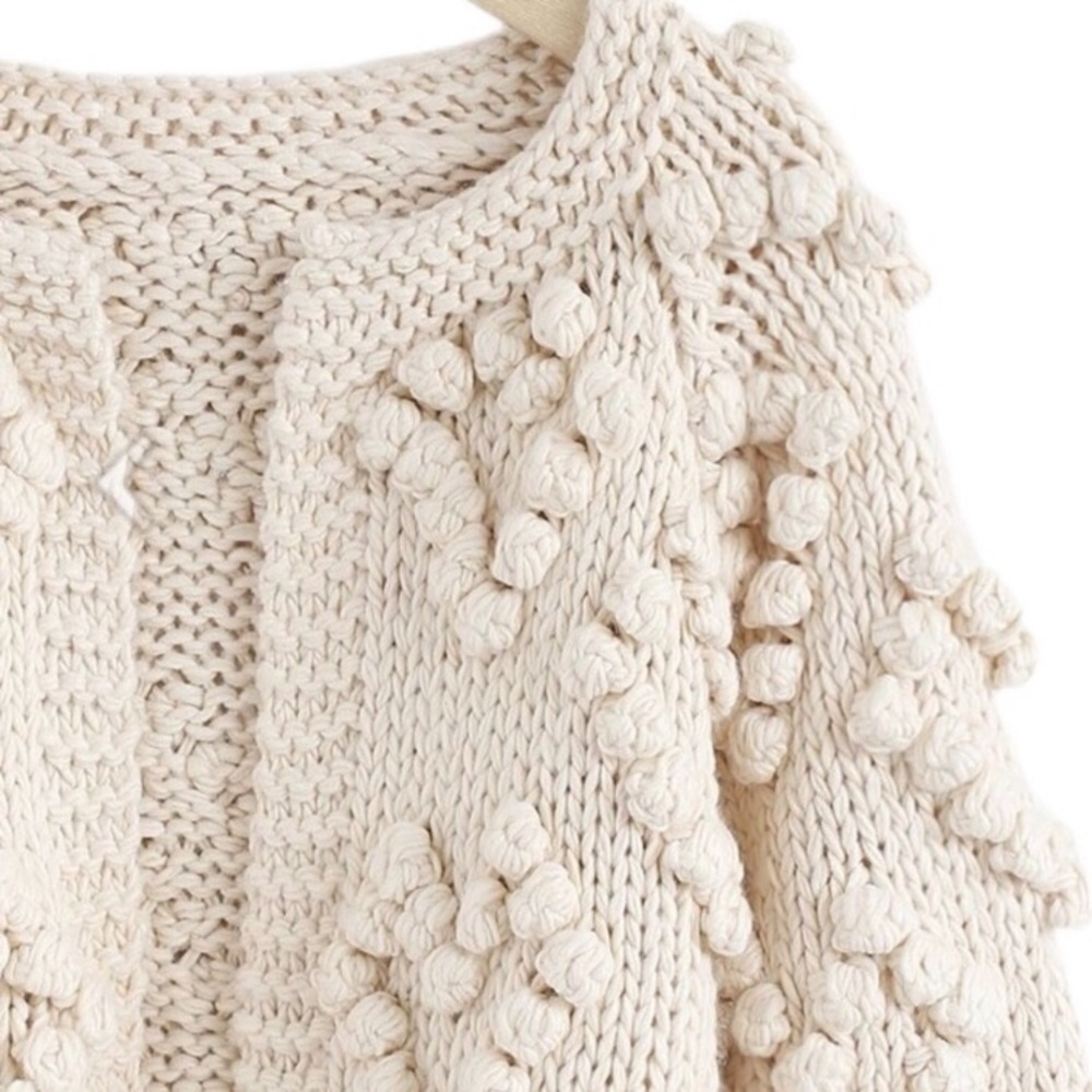 Chicwish Ivory Chunky Popcorn Heart Bubble Knit Long Sleeve Sweater Cardigan - Picture 5 of 7